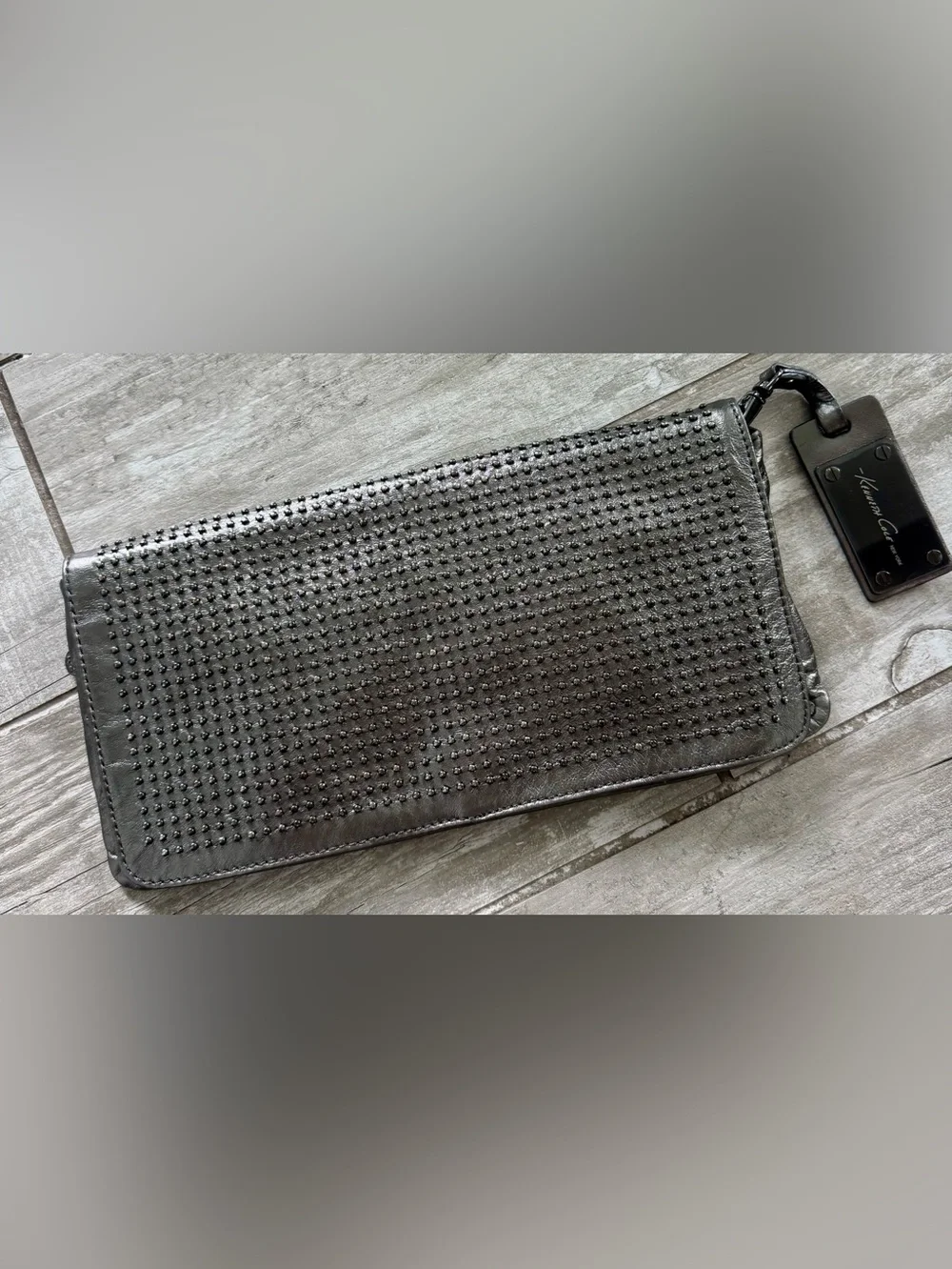 Kenneth Cole New York Metallic Pewter Leather Studded Clutch